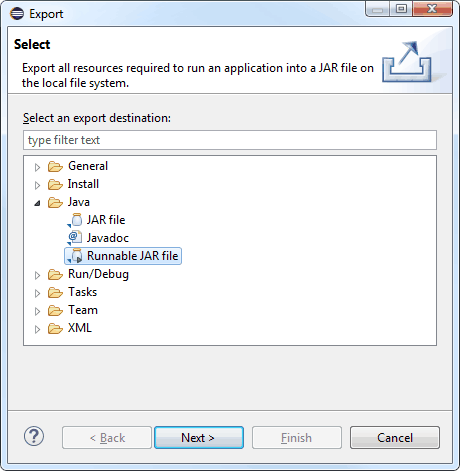 Export destination - Runnable JAR file Export destination - Runnable JAR file